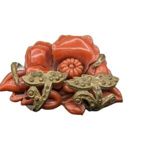 Antique Gold Tone Red Carved Celluloid Flower Brooch Pin